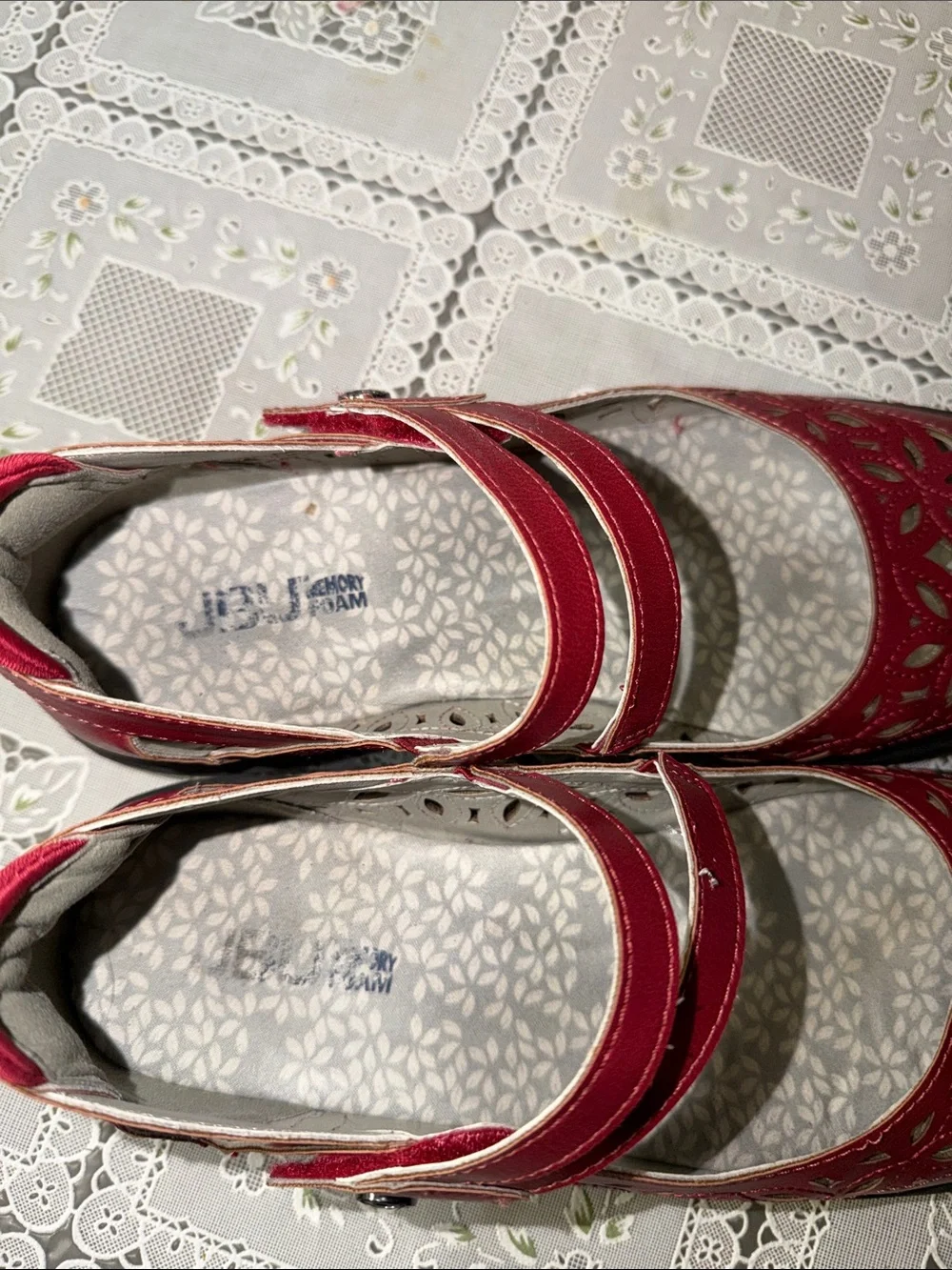JBU Women's Red Mary Jane Flats with Decorative Cutouts